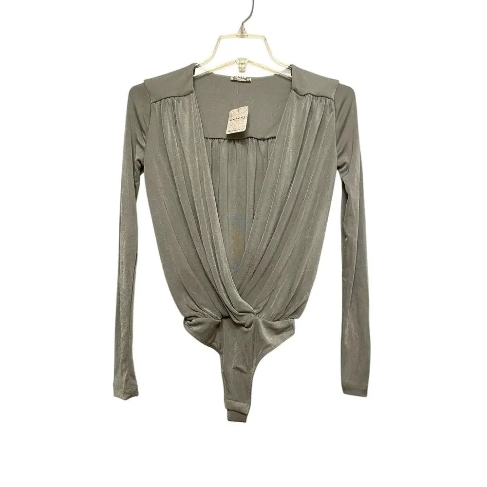 Free People Turnt One Piece Thong Bodysuit Women Size XS Deep Plunge Gray NWT‎